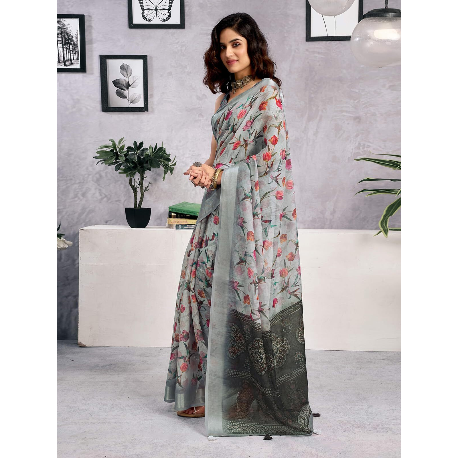 Satrani Women's Linen Zari Border Printed Saree With Unstitched Blouse Piece (4342S215N_Grey1)