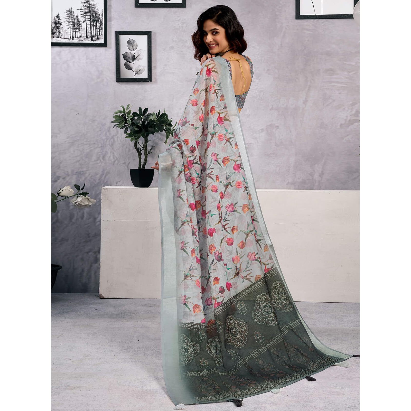 Satrani Women's Linen Zari Border Printed Saree With Unstitched Blouse Piece (4342S215N_Grey1)