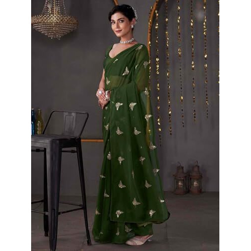 Satrani Women's Georgette Sequence Embroidery Saree With Unstitched Blouse Piece (4407S195N_Dark Olive Green)