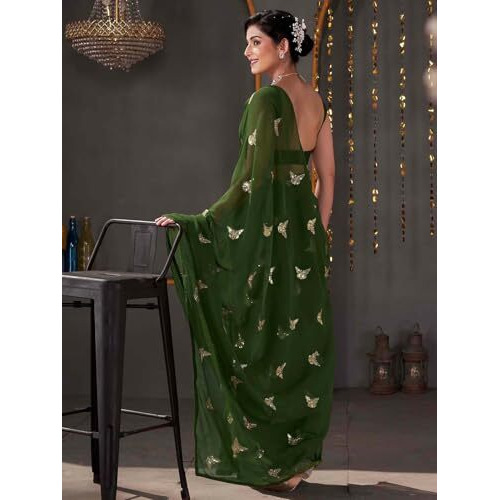 Satrani Women's Georgette Sequence Embroidery Saree With Unstitched Blouse Piece (4407S195N_Dark Olive Green)