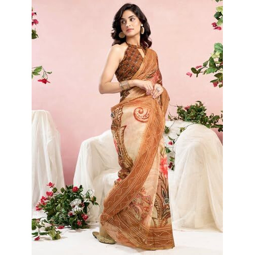 Satrani Women's Chanderi Sequin Embroidery Work & Floral Printed Ready To Wear One Minute Pre Pleated Saree With Unstitched Blouse Piece (63Rs111N_Brown)