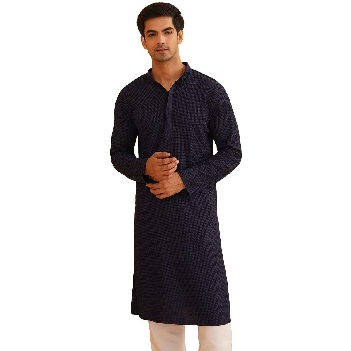 Sojanya (Since 1958 Men's Geometric Embroidered Thread Work Cotton Straight Navy Blue Long Kurta