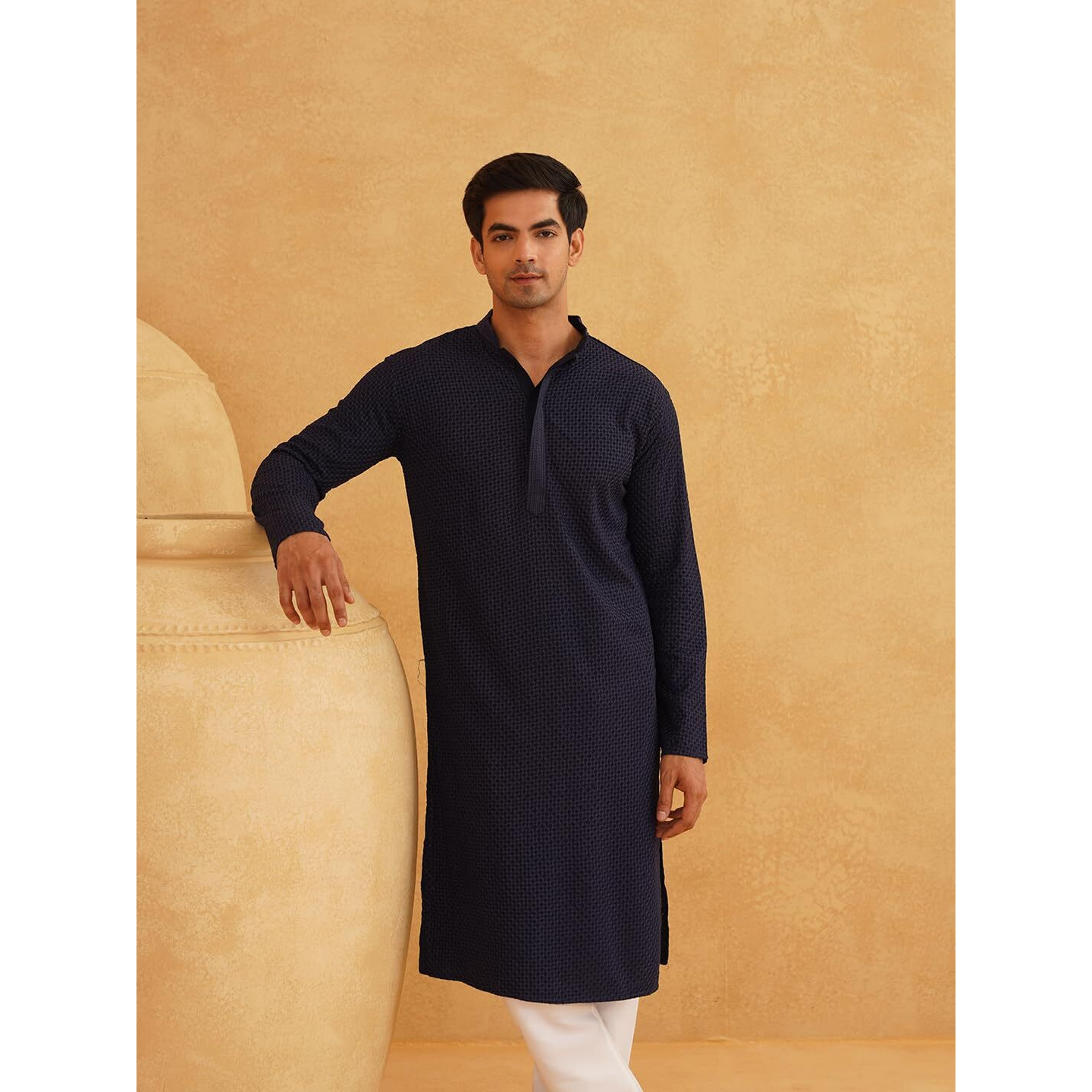 Sojanya (Since 1958 Men's Geometric Embroidered Thread Work Cotton Straight Navy Blue Long Kurta