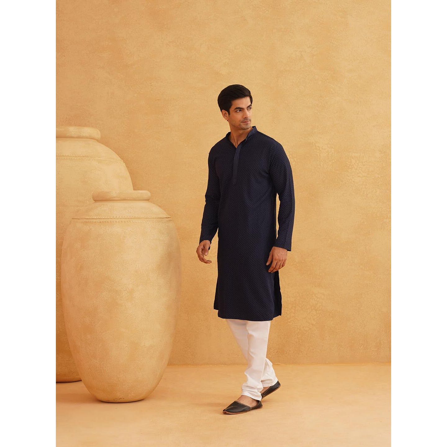 Sojanya (Since 1958 Men's Geometric Embroidered Thread Work Cotton Straight Navy Blue Long Kurta