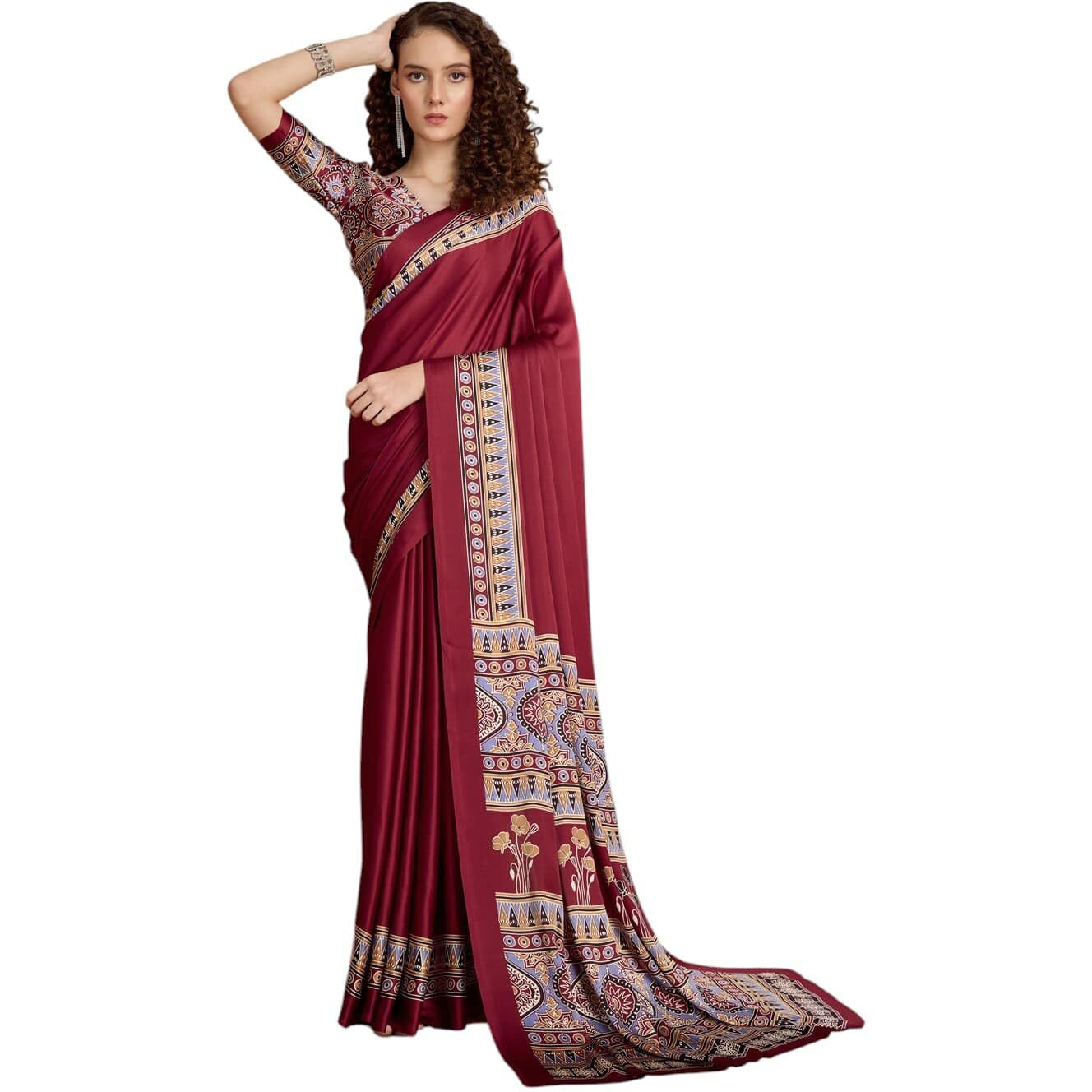 Stylum Women's Ajrakh Printed Silk Blend Saree With Unstitched Blouser Piece (Srmaroonsuhani_Maroon)