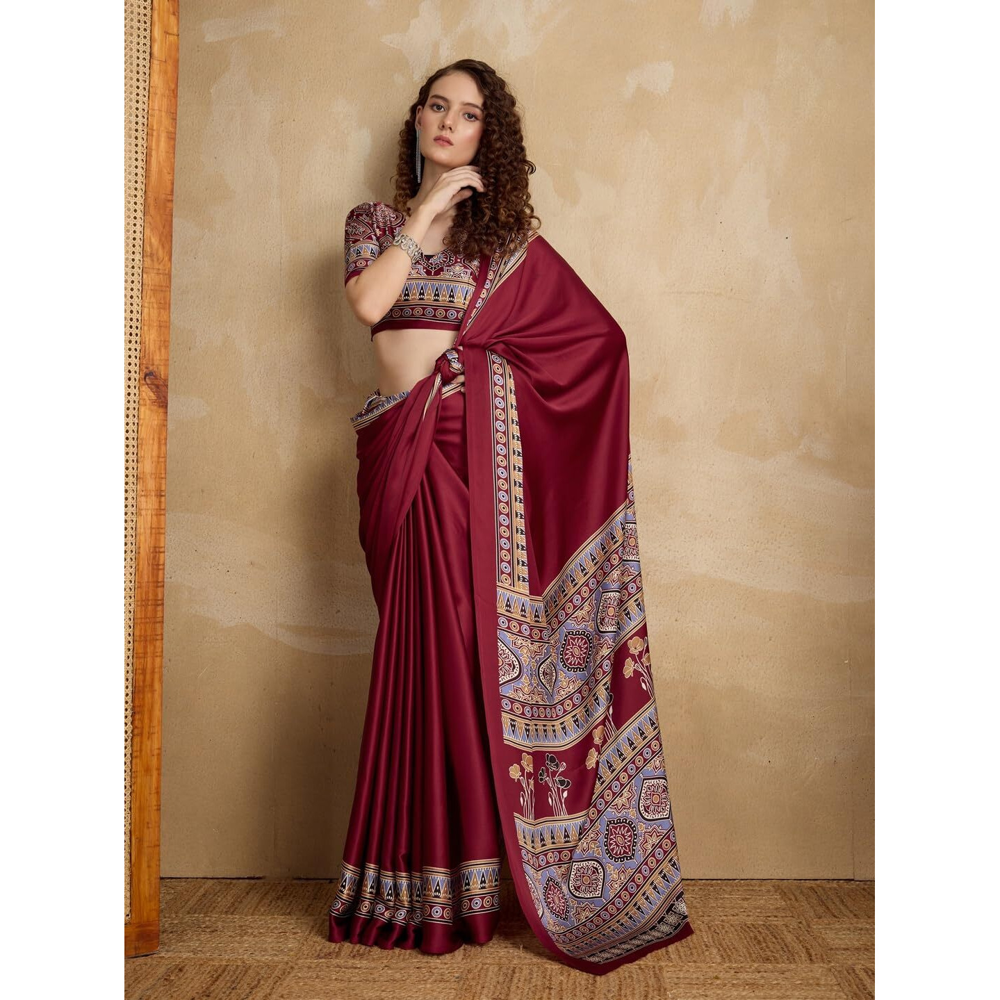 Stylum Women's Ajrakh Printed Silk Blend Saree With Unstitched Blouser Piece (Srmaroonsuhani_Maroon)