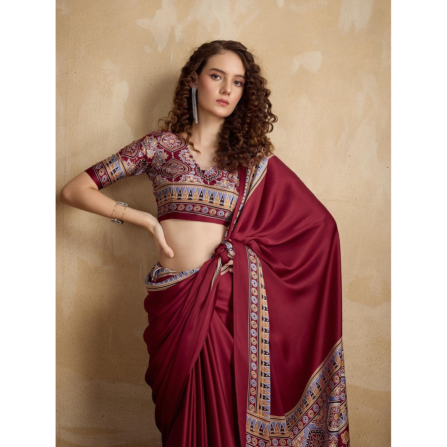 Stylum Women's Ajrakh Printed Silk Blend Saree With Unstitched Blouser Piece (Srmaroonsuhani_Maroon)
