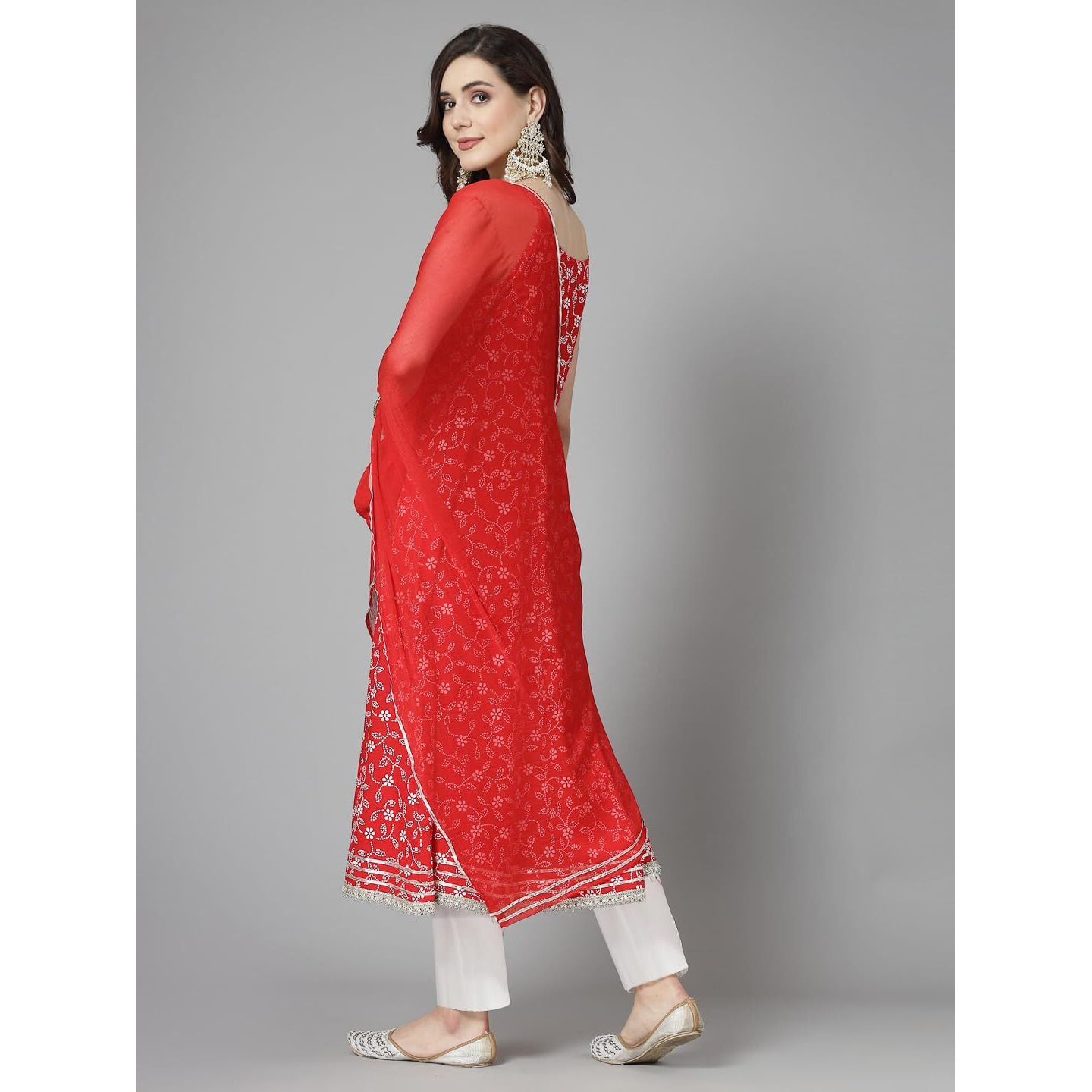 Stylum Women's Floral Printed Rayon Anarkali Kurta Pant Dupatta Set (Kpdredbling40_Red, L)