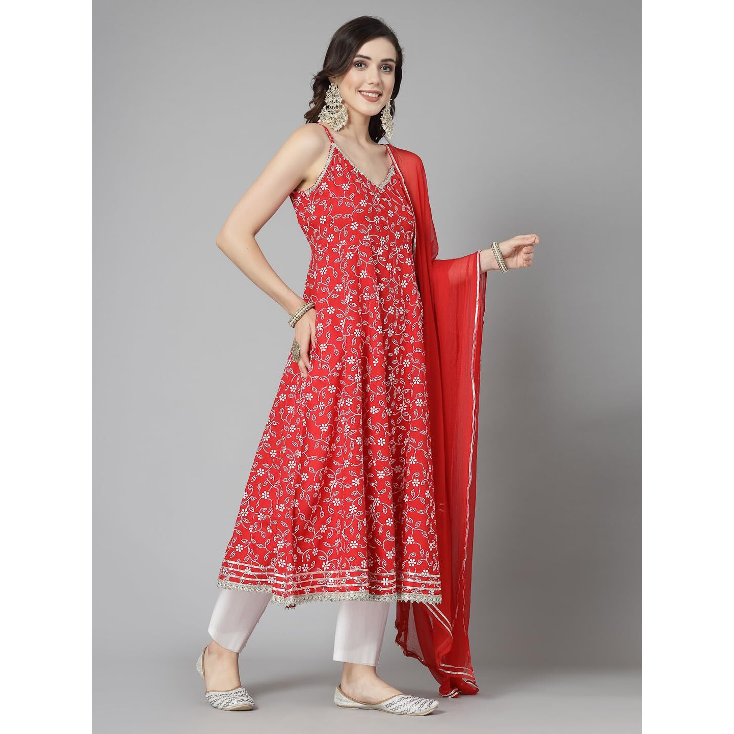 Stylum Women's Floral Printed Rayon Anarkali Kurta Pant Dupatta Set (Kpdredbling40_Red, L)