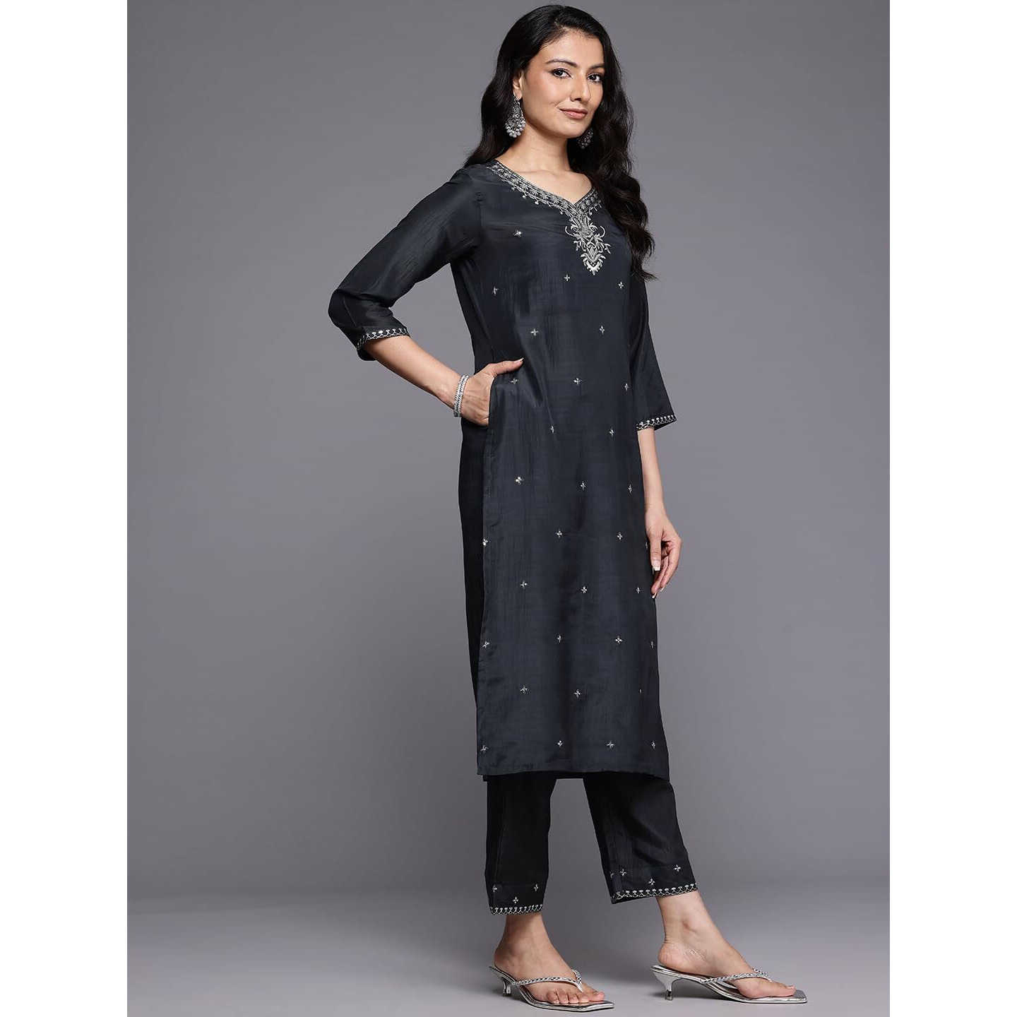 Varanga Women Grey Silk Thread And Zari Embroidered, Sequins Embellished Kurta Paired With Bottom And Dupatta