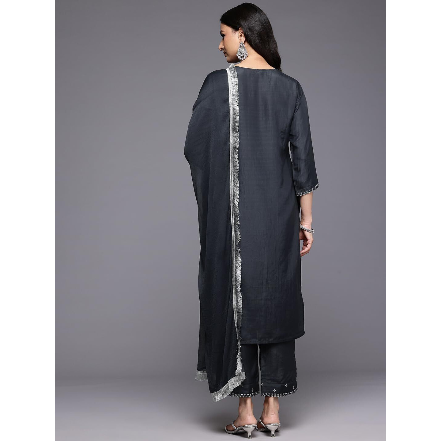 Varanga Women Grey Silk Thread And Zari Embroidered, Sequins Embellished Kurta Paired With Bottom And Dupatta