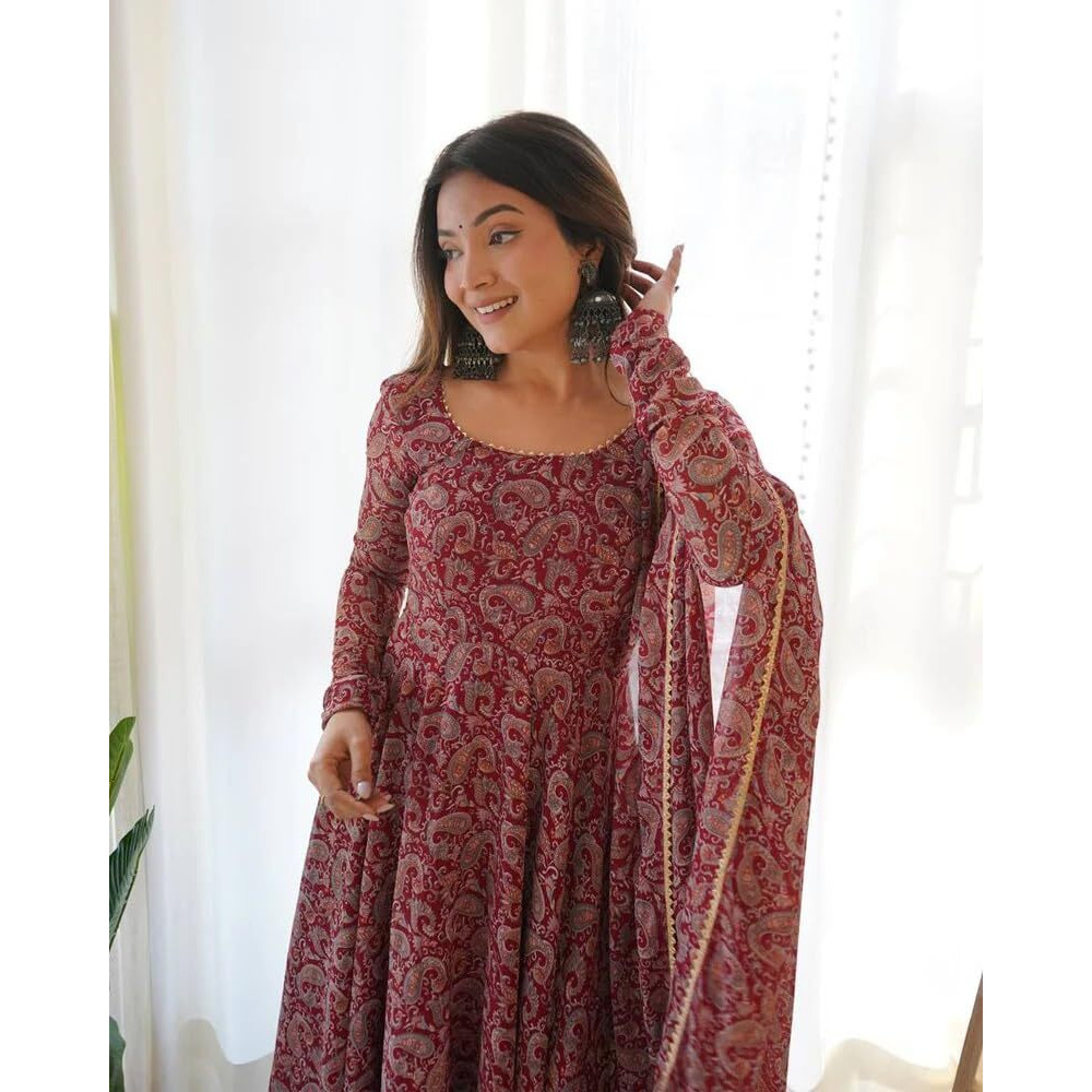 Sugathari Women's Maroon Georgette Anarkali Floral Printed Kurta With Pant & Dupatta (Dress 114 Maroon 2Xl)