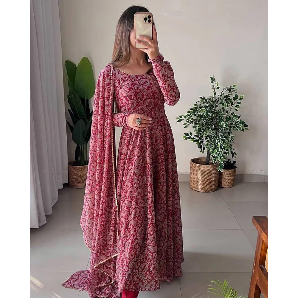 Sugathari Women's Maroon Georgette Anarkali Floral Printed Kurta With Pant & Dupatta (Dress 114 Maroon 2Xl)