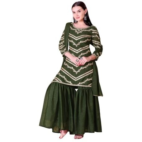 Xoamntic Fashion Womens Pink Color Georgette Silk Eid Collection Kurta Sharara Dupatta Set (In, Alpha, 2Xl, Regular, Standard, Mehndi)