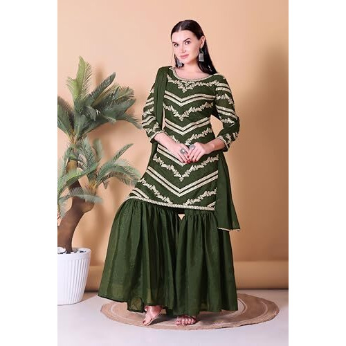 Xoamntic Fashion Womens Pink Color Georgette Silk Eid Collection Kurta Sharara Dupatta Set (In, Alpha, 2Xl, Regular, Standard, Mehndi)