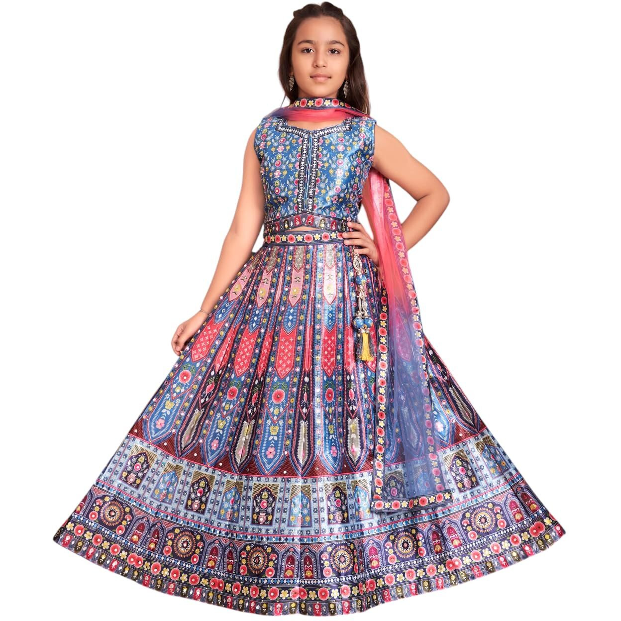 Aarika Girls Ethnic Wear Teal Blue Colour Floral Print/Embellished Lehenga Choli Set With Dupatta-(6 Months-13 Years)-(Lch-Ht-2124-Blue-32)