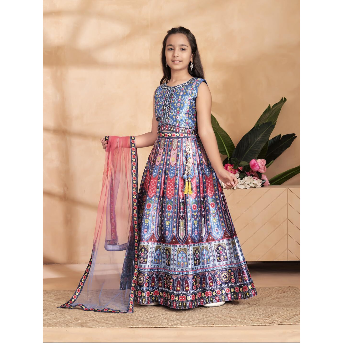 Aarika Girls Ethnic Wear Teal Blue Colour Floral Print/Embellished Lehenga Choli Set With Dupatta-(6 Months-13 Years)-(Lch-Ht-2124-Blue-32)