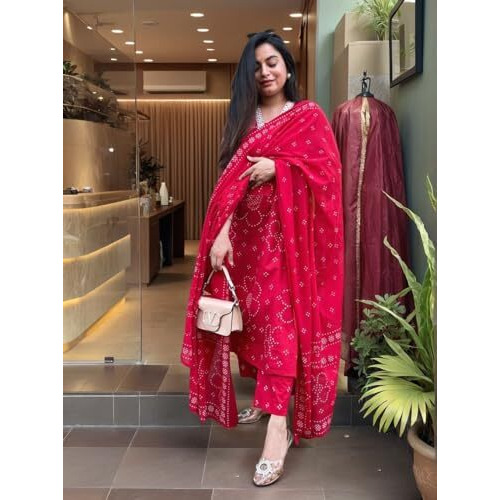 Anni Designer Women's Rayon Viscose Straight Printed Kurta With Pant & Dupatta (Radnya Pink_Xxl_Pink_Xx-Large)