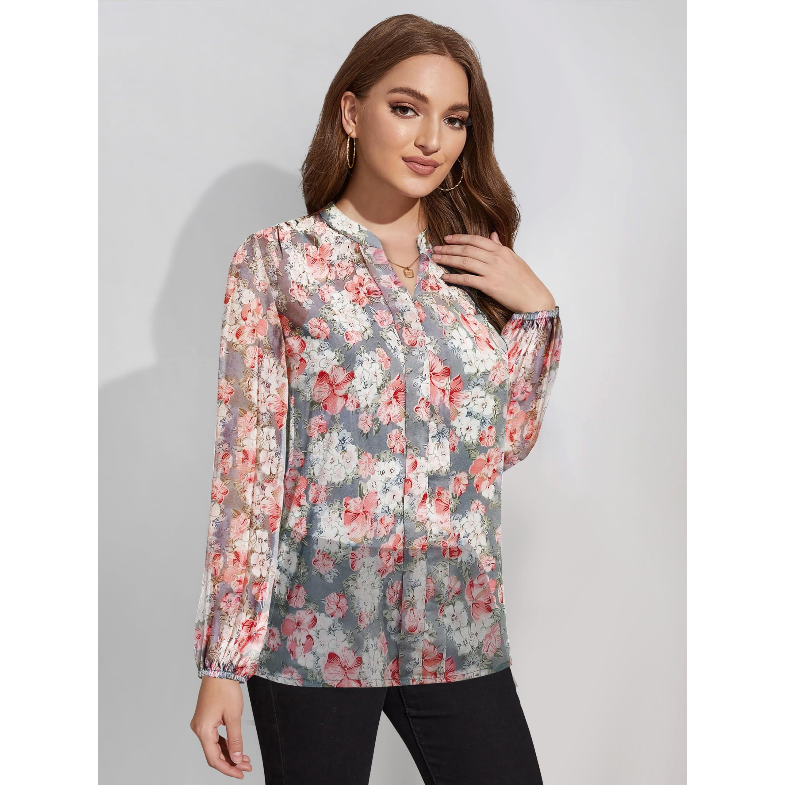Toochki Women's Floral Regular Fit Shirt (Toochki206-Tp-N_Grey
