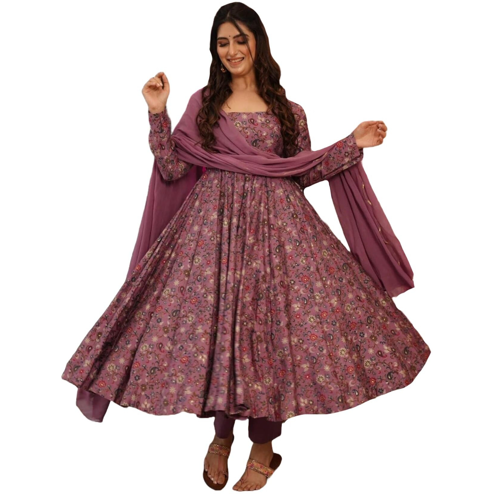 Anni Designer Women's Rayon Viscose A-Line Printed Kurta With Pant & Dupatta (Madayanti Purple_Xl_Purple_X-Large)