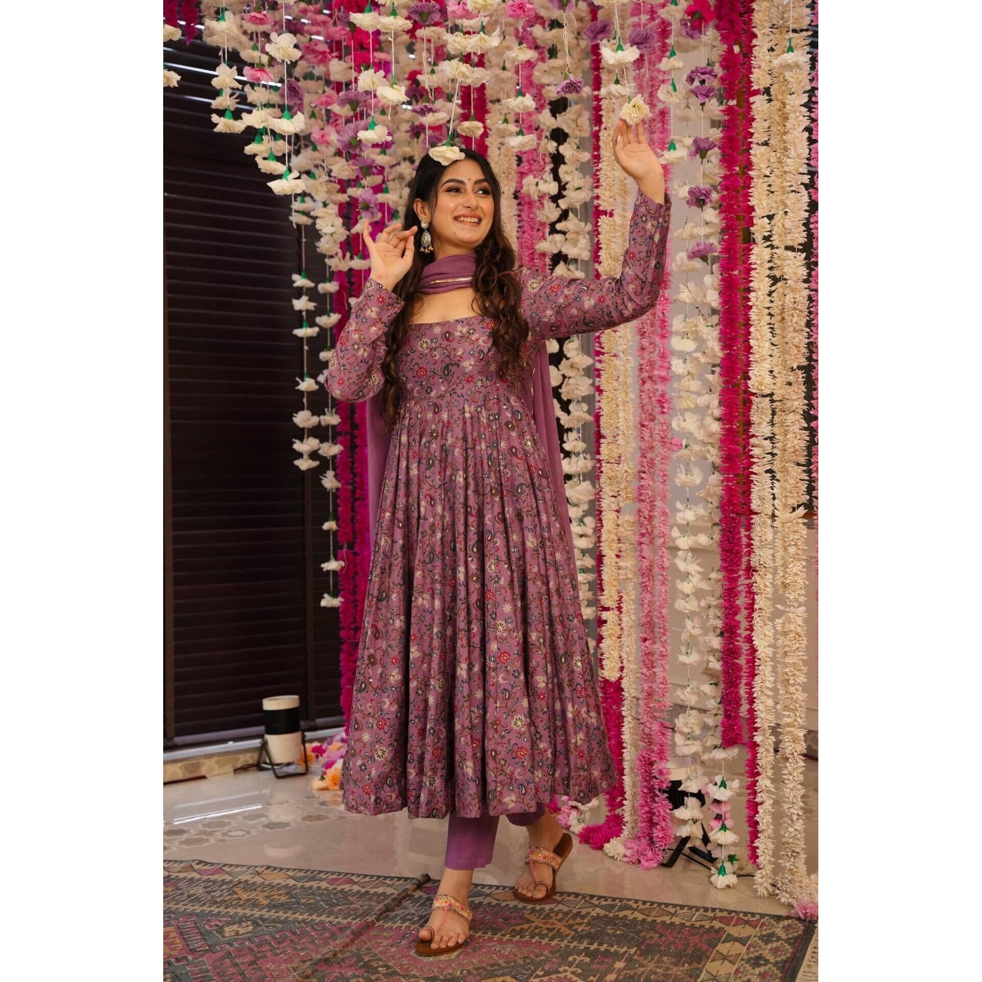 Anni Designer Women's Rayon Viscose A-Line Printed Kurta With Pant & Dupatta (Madayanti Purple_Xl_Purple_X-Large)