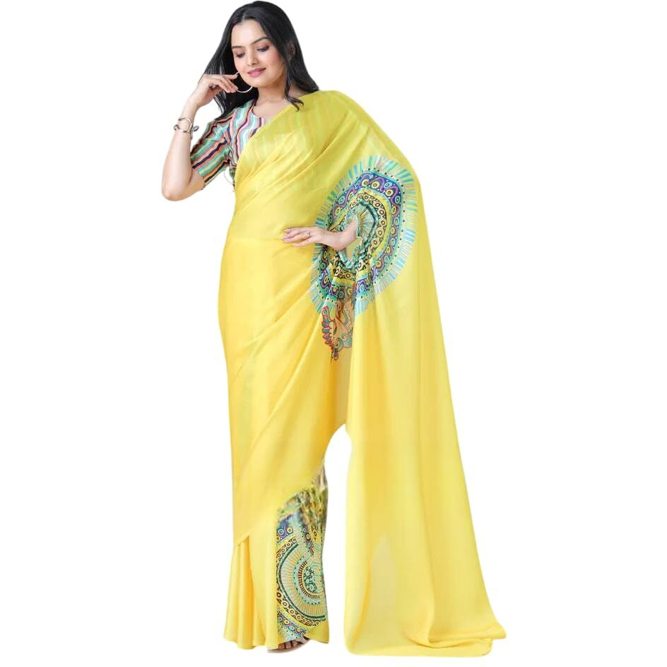 Flosive Women's Floral Print Ready-To-Wear Saree With Satin Georgette Fabric (Yellow)