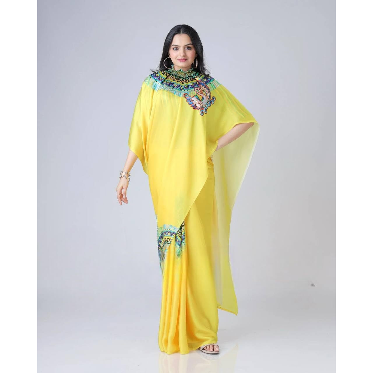 Flosive Women's Floral Print Ready-To-Wear Saree With Satin Georgette Fabric (Yellow)