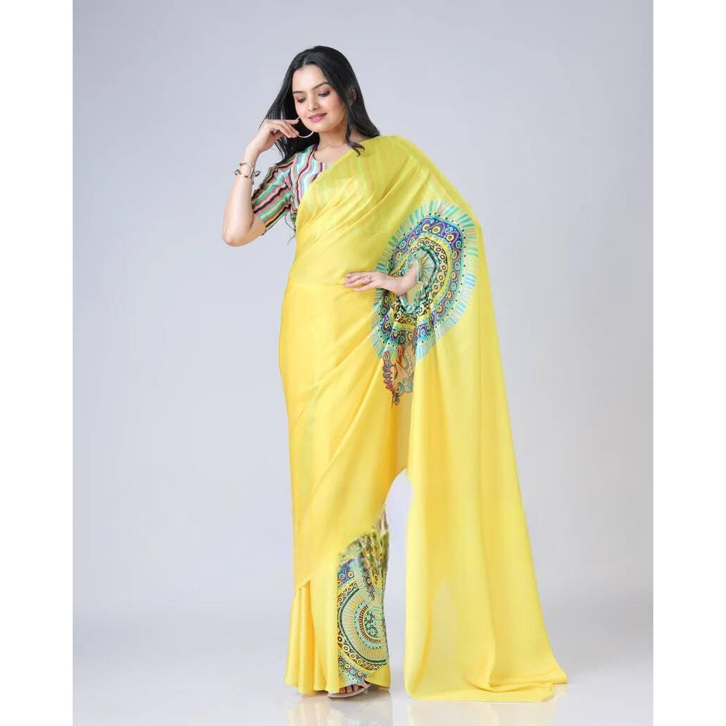 Flosive Women's Floral Print Ready-To-Wear Saree With Satin Georgette Fabric (Yellow)