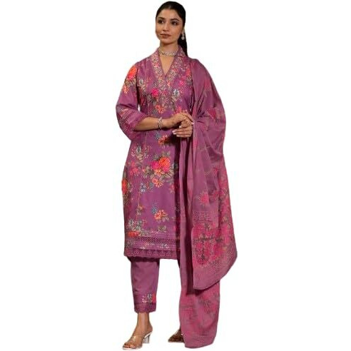 Varanga Women Magenta Floral Printed Thread Embroidered Straight Kurta Paired With Printed Bottom & Dupatta