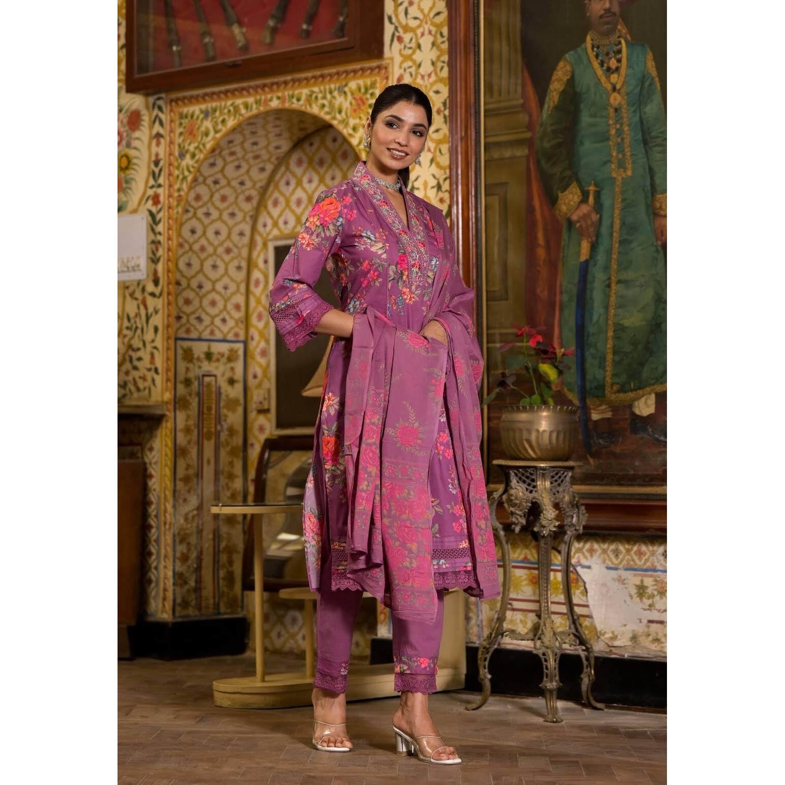 Varanga Women Magenta Floral Printed Thread Embroidered Straight Kurta Paired With Printed Bottom & Dupatta