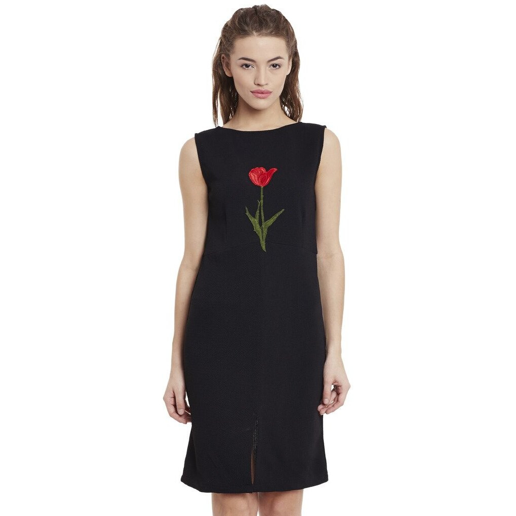 Miss Chase Women's Black Round Neck Sleeveless Embroidered Mini Shift Dress (Mcpw16D05-75-62_Black_S)