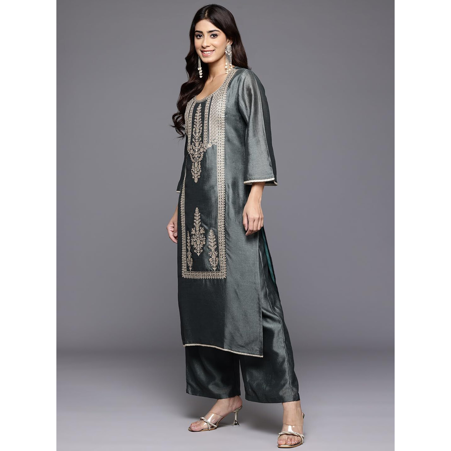 Varanga Women Mint Green Round Neck With Heavy Zari Embroidered Kurta With Bottom And Dupatta