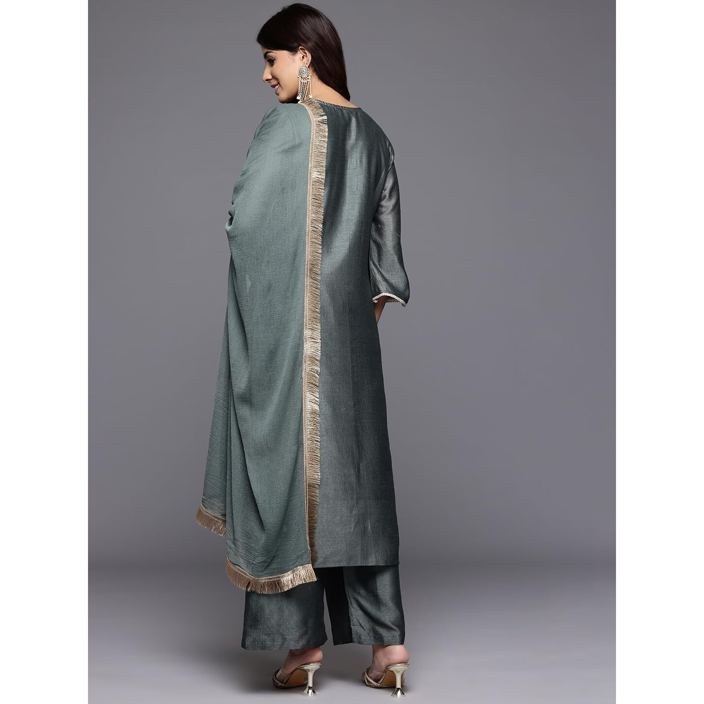 Varanga Women Mint Green Round Neck With Heavy Zari Embroidered Kurta With Bottom And Dupatta
