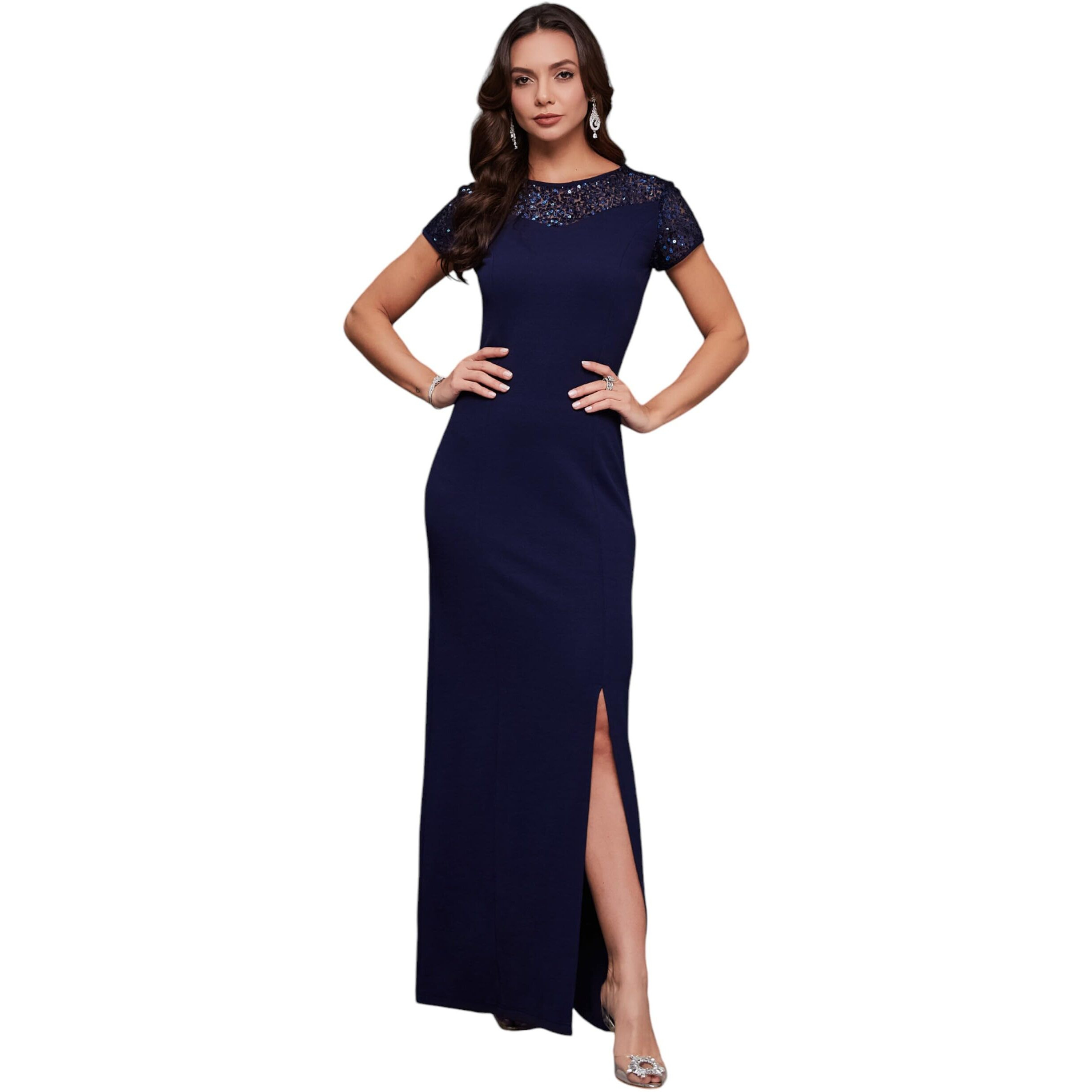 Miss Chase Women's Round Neck Cap Sleeves Sequin Paneled Maxi Dress (Mcss20D04-41-71-03, Navy Blue, S)