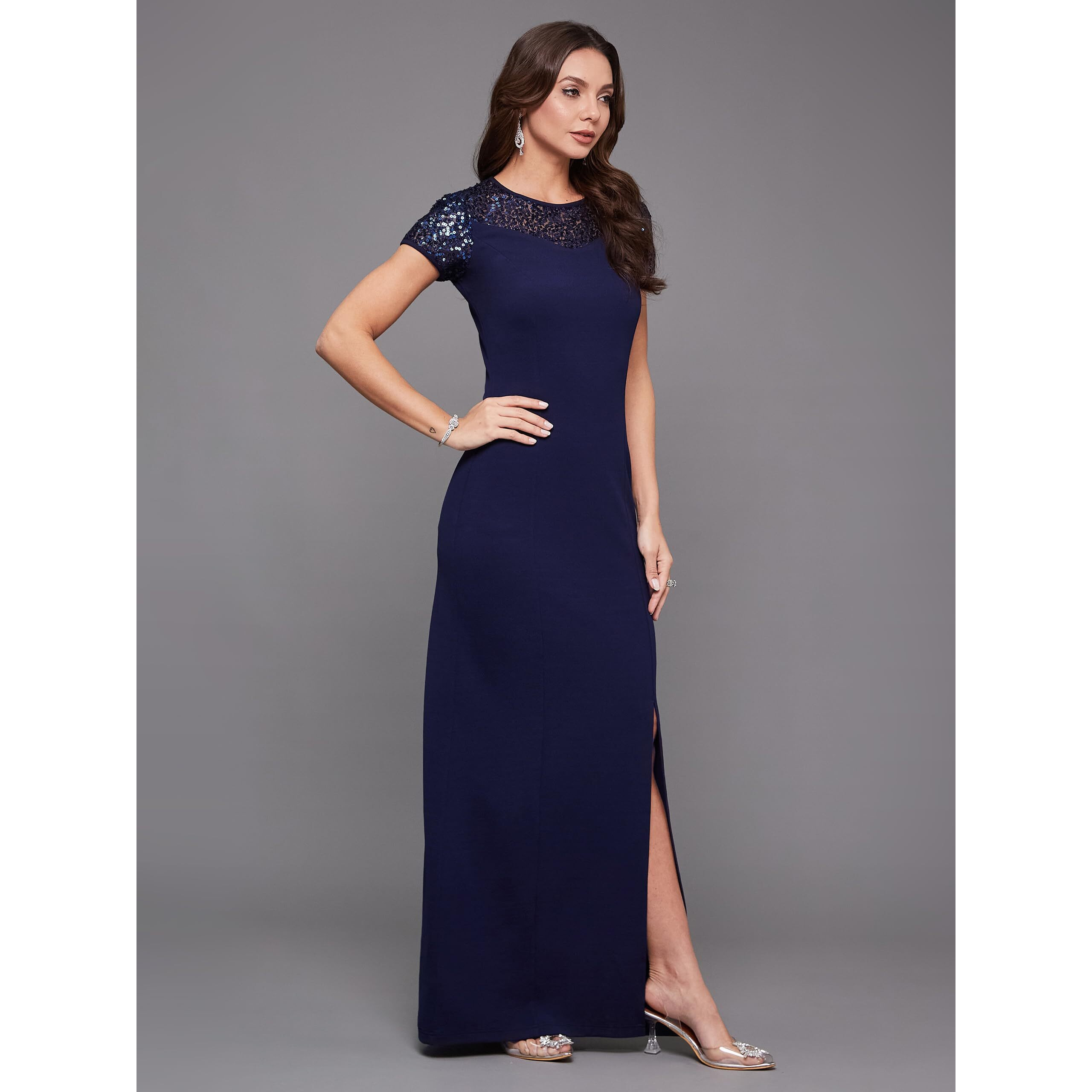 Miss Chase Women's Round Neck Cap Sleeves Sequin Paneled Maxi Dress (Mcss20D04-41-71-03, Navy Blue, S)