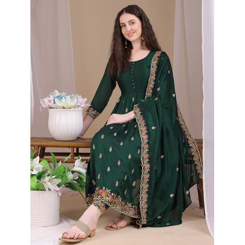 Pratham Blue Women's Rayon Embroidered Anarkali Kurta And Pant With Dupatta Set (Kurta Set For Women_Bkpa-1066-L_Dark Green)