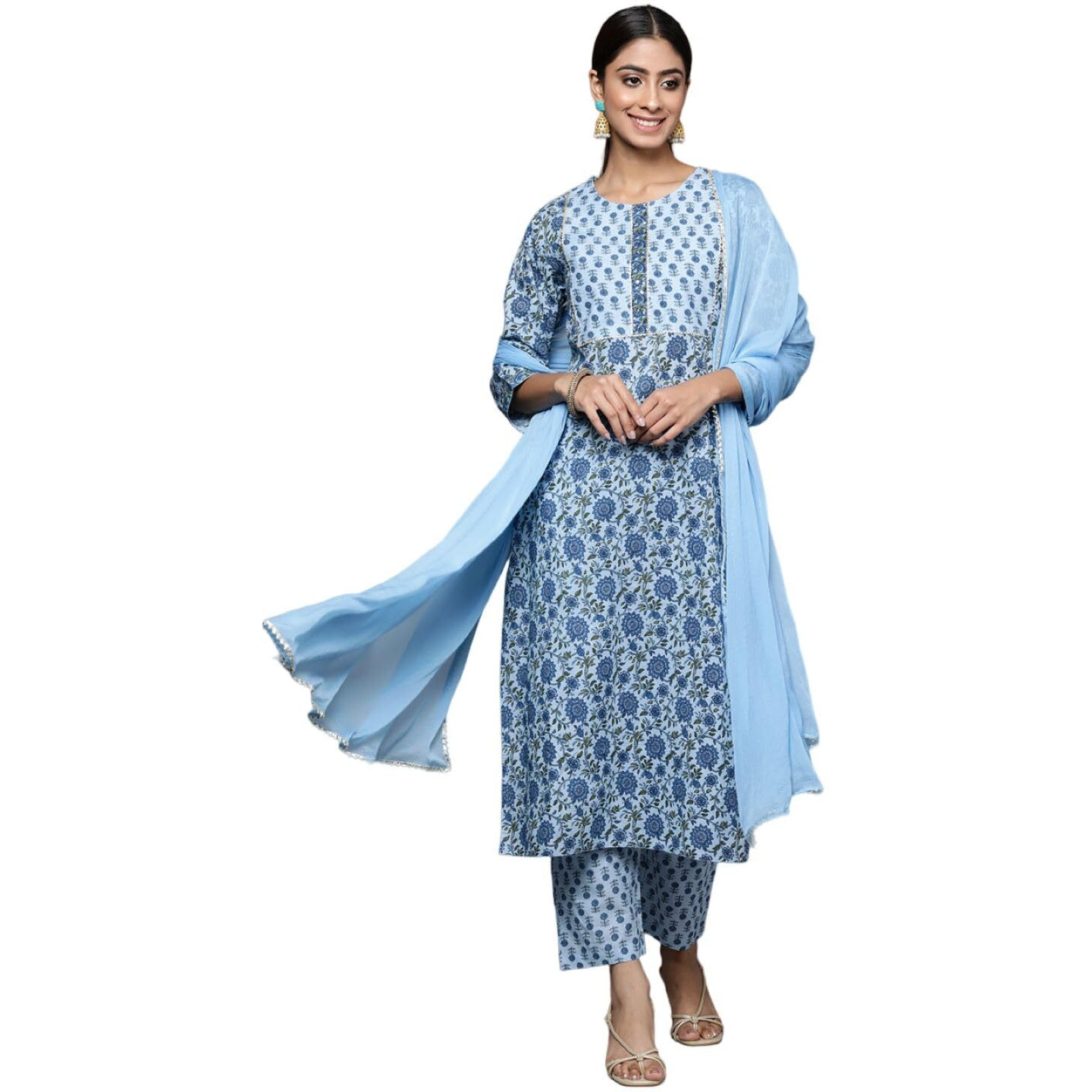 Varanga Women V Neck Collar Kurta Paired With Tonal Dupatta And Tonal Bottom.