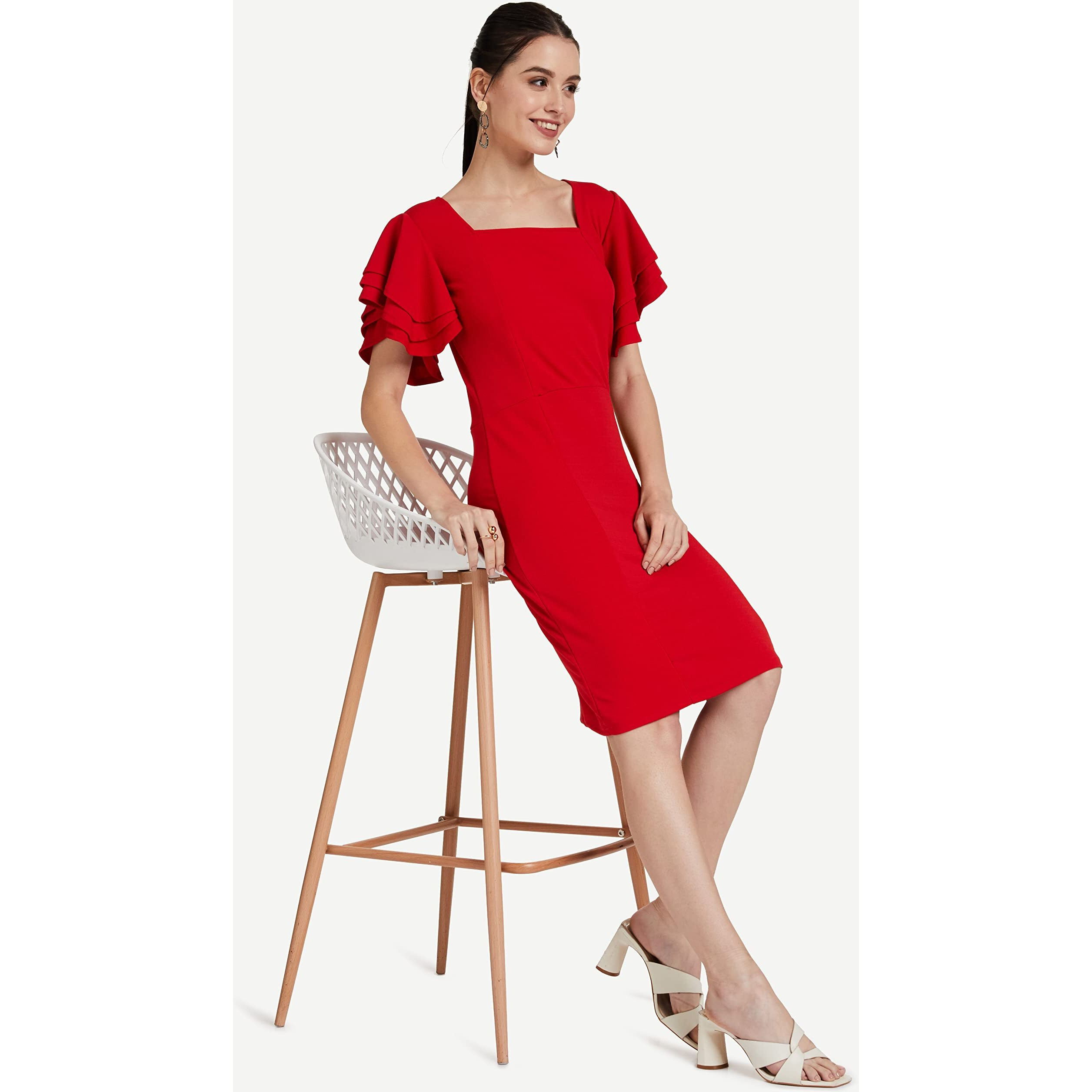 Shasmi Women's Polyester Blend Bodycon Casual Dress (Shree Midi 20 Red S