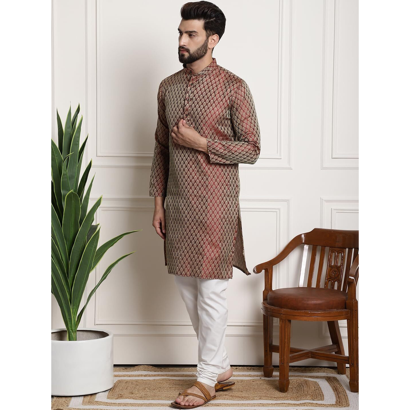 Sojanya (Since 1958 Men's Silkblend Maroon Self Design Kurta & White Churidar Pyjama Set
