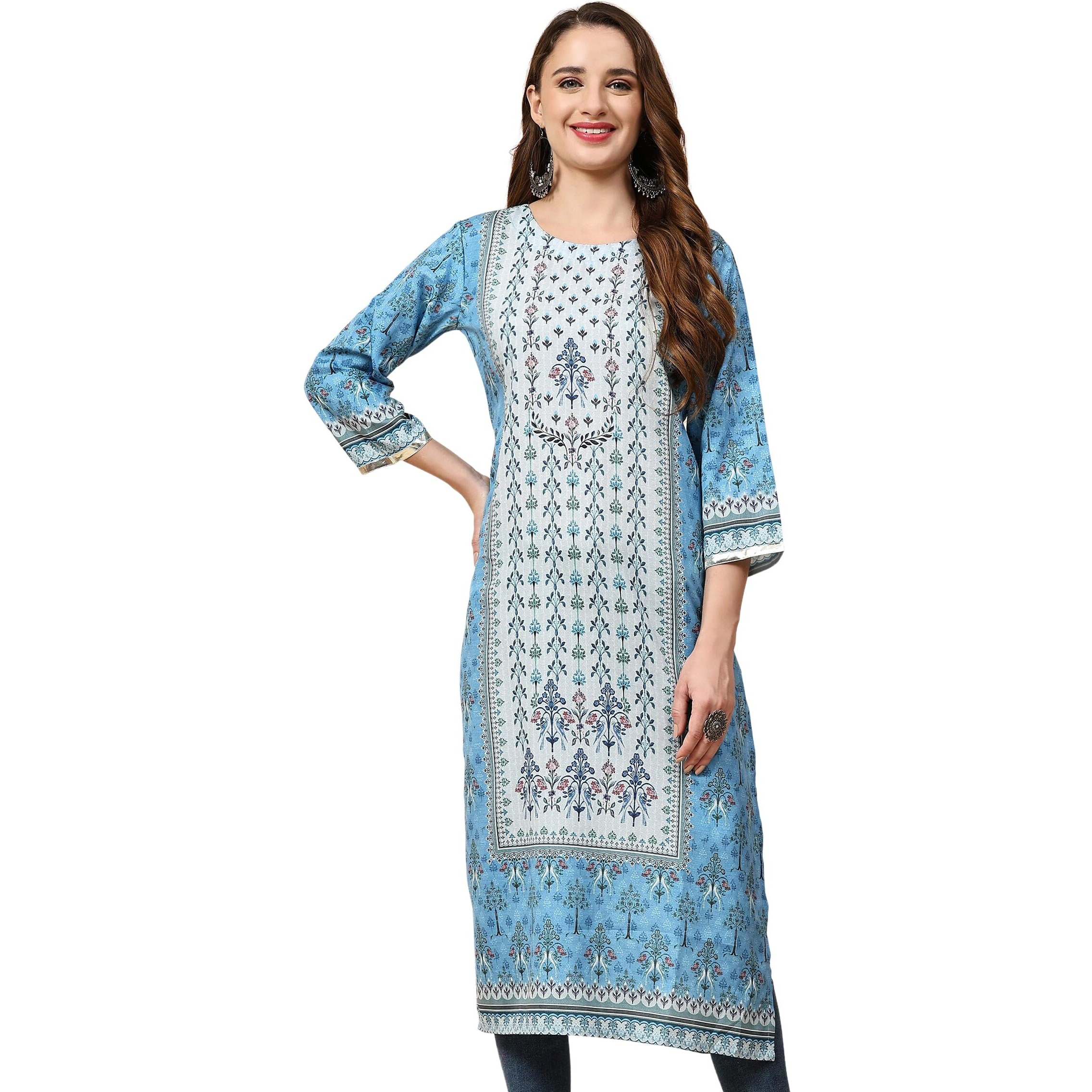 Weavers Villa Women's Cotton Printed Straight Kurta (Large) Blue