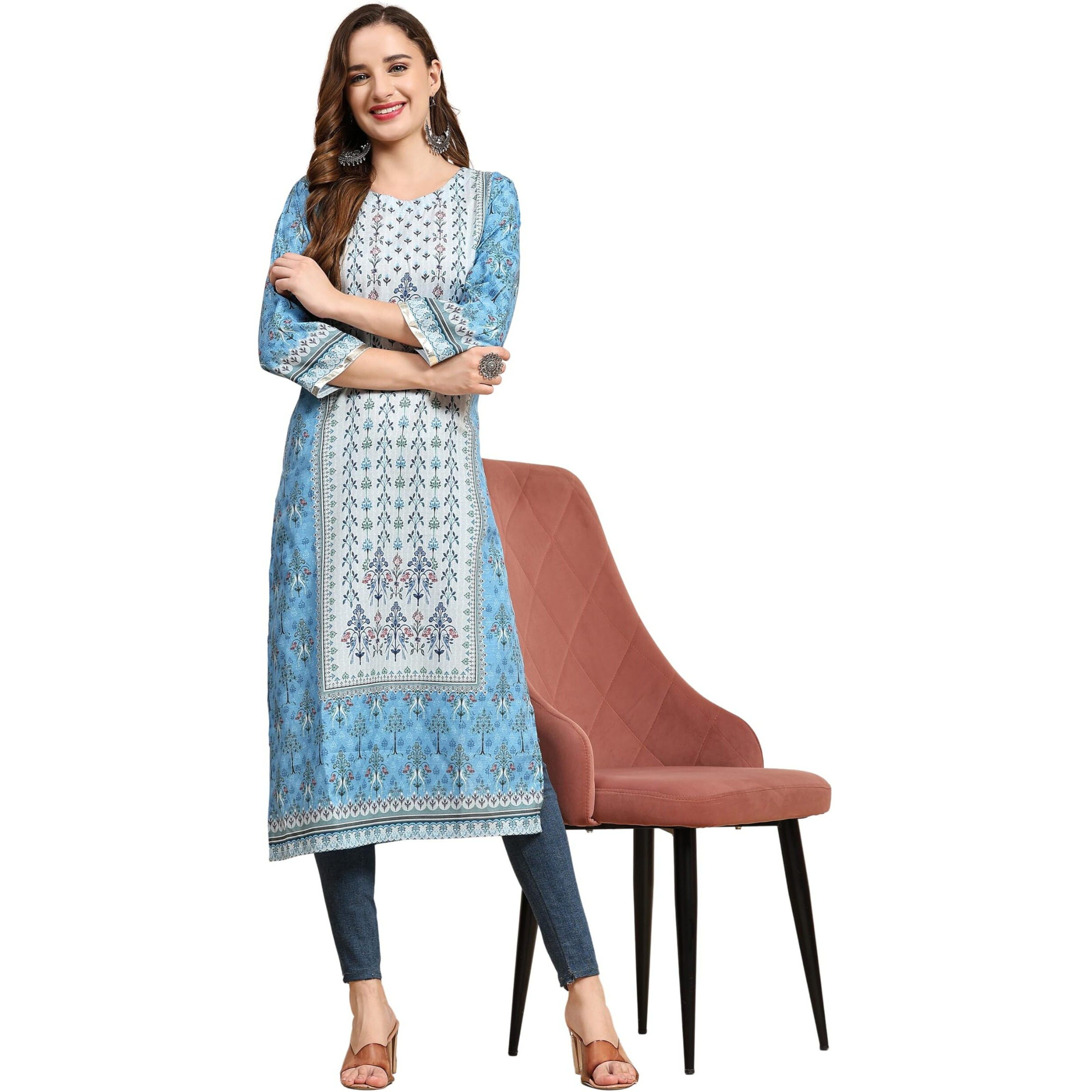 Weavers Villa Women's Cotton Printed Straight Kurta (Large) Blue
