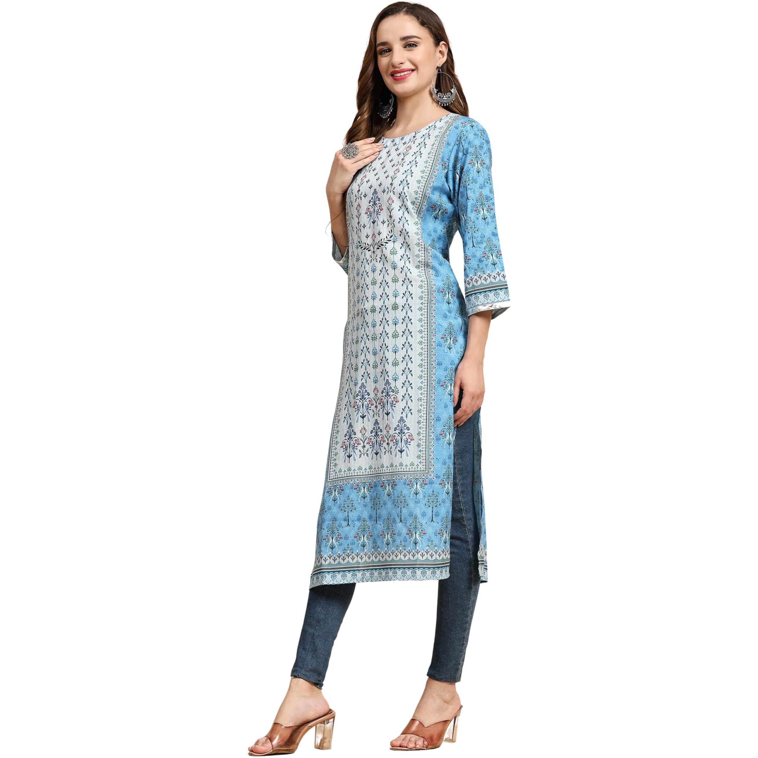 Weavers Villa Women's Cotton Printed Straight Kurta (Large) Blue