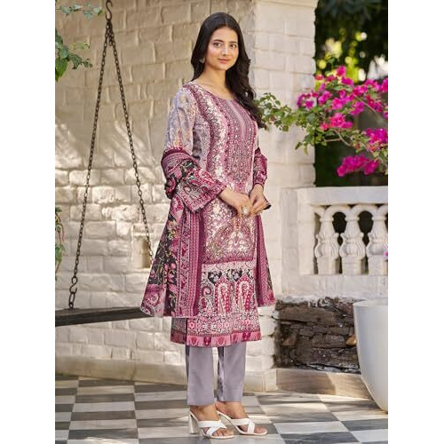 Varanga Women Ethnic Floral Mirror Embroidered Pakistani Kurta With Trouser & Dupatta