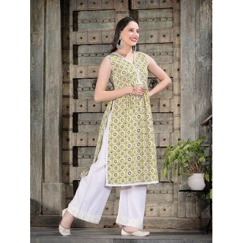 Stylum Women's Geometric Printed Cotton Pleated Kurta (Brazil42_Yellow, Xl)