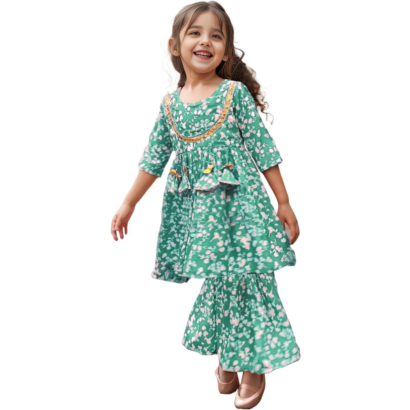 A.T.U.N. (All Things Uber Nice) A.T.U.N. Girls Ethnic Wear Sharara | Floral Green Printed Kurta With Sharara Set For Girls
