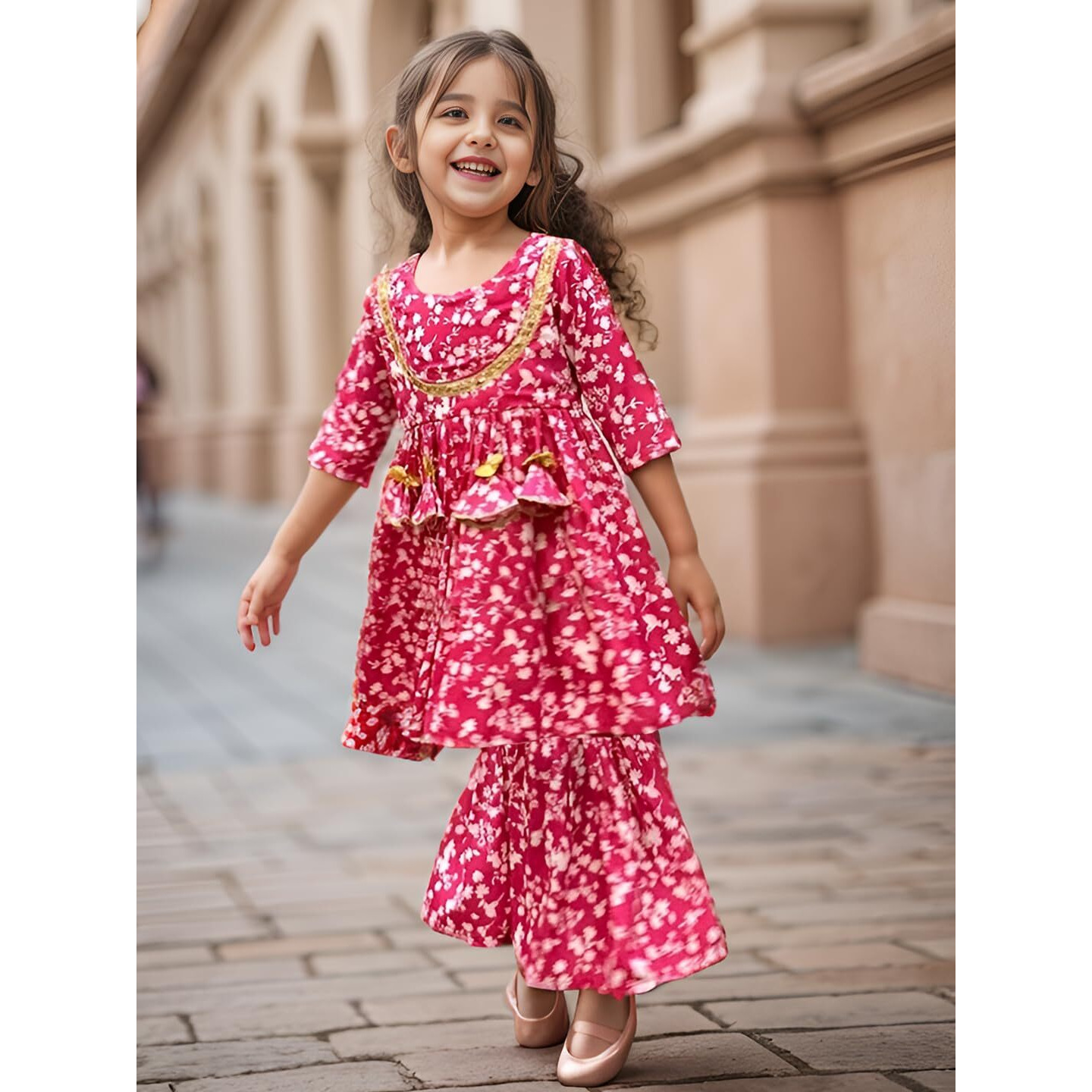 A.T.U.N. (All Things Uber Nice) A.T.U.N. Girls Ethnic Wear Sharara | Floral Fuchsia Printed Kurta With Sharara Set For Girls
