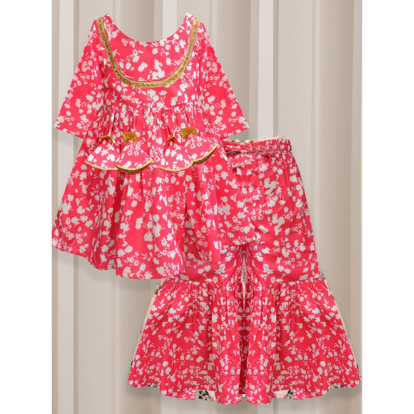 A.T.U.N. (All Things Uber Nice) A.T.U.N. Girls Ethnic Wear Sharara | Floral Fuchsia Printed Kurta With Sharara Set For Girls