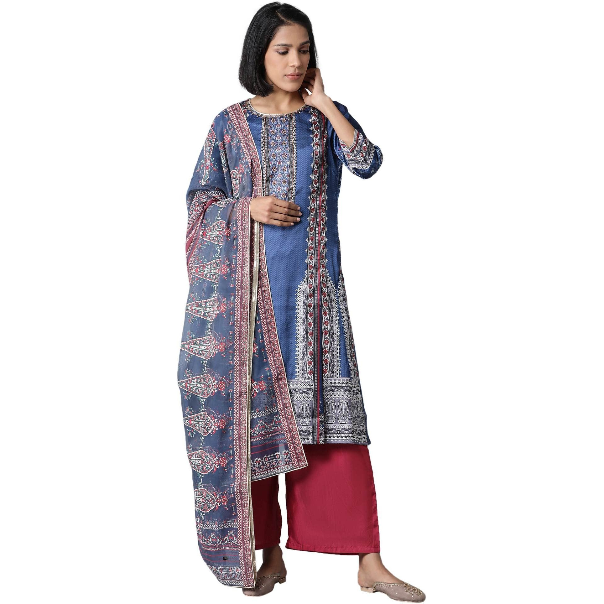 W For Woman Women's Polyester Kurta, Parallel Pant & Dupatta (22Fesp10982-117572_Royal Blue_S)