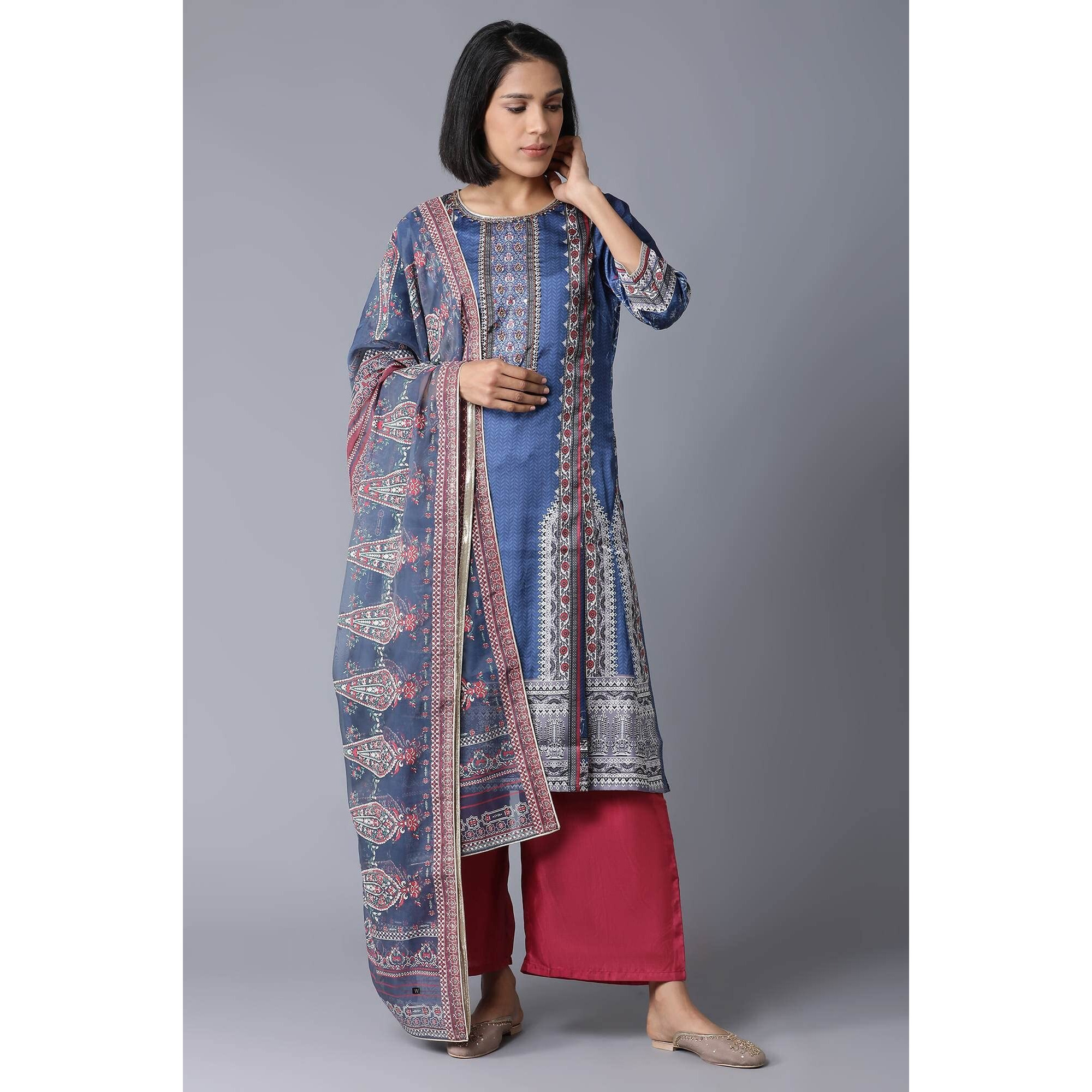 W For Woman Women's Polyester Kurta, Parallel Pant & Dupatta (22Fesp10982-117572_Royal Blue_S)