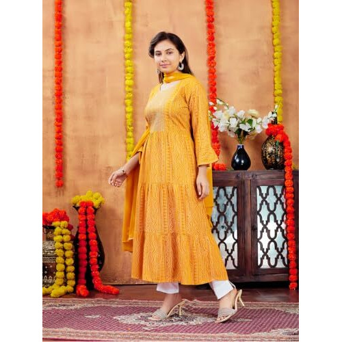 Aarika Girls Casual Wear Yellow Colour Cotton Bandhej Kurti (9-16 Years)